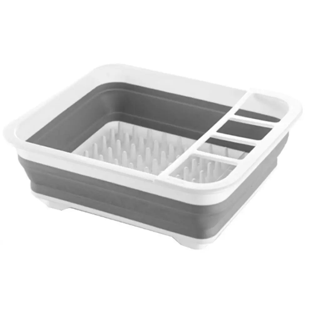 Gray and white collapsible dish drying rack with utensil compartments and raised base, shown expanded and ready for kitchen use.