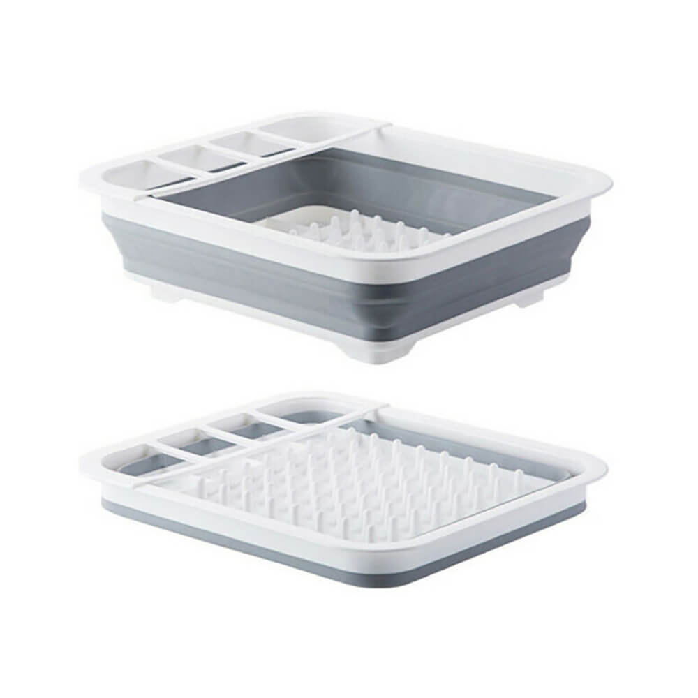 Compact and space-saving collapsible dish rack in white and gray design, featuring multiple compartments for plates, utensils, and efficient drying.