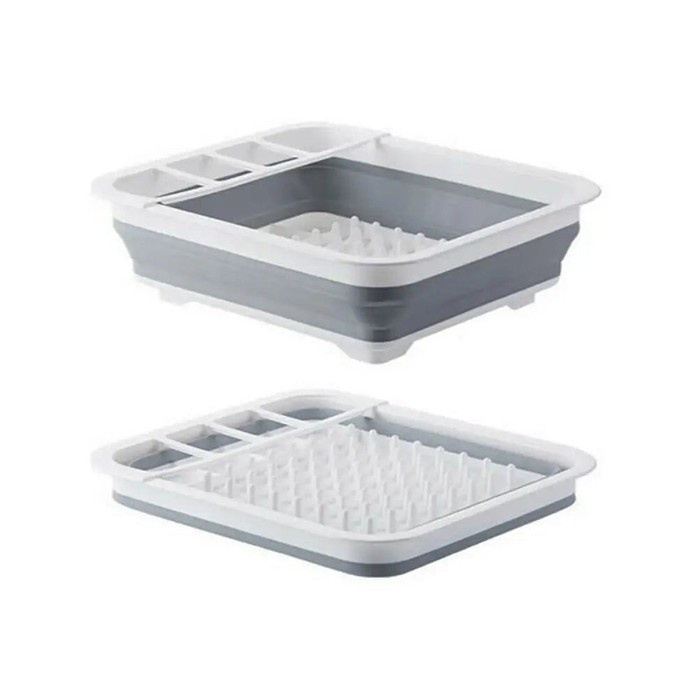 Gray and white collapsible dish rack shown in two positions, one expanded for drying dishes and one folded flat for compact storage.