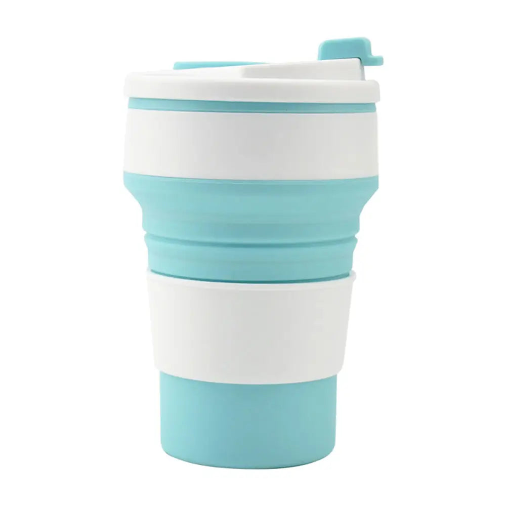 Collapsible drink tumbler with a folded design, lid, and grip band, shown in blue and white on a white background.