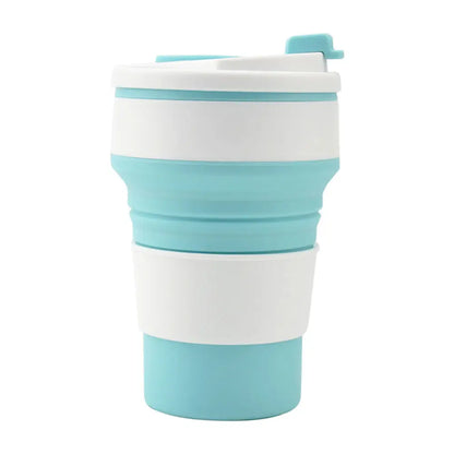 Collapsible drink tumbler with a folded design, lid, and grip band, shown in blue and white on a white background.