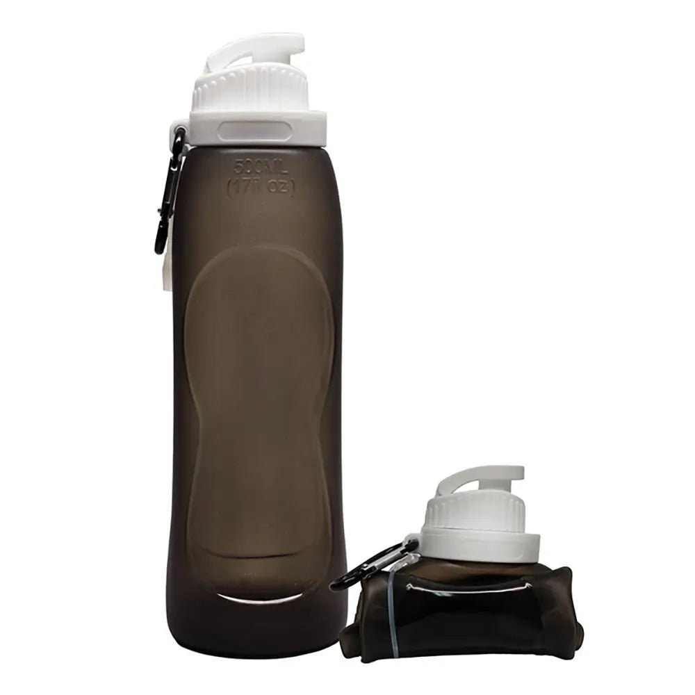 Black collapsible silicone water bottle with white cap and carabiner, shown upright beside its folded compact version.