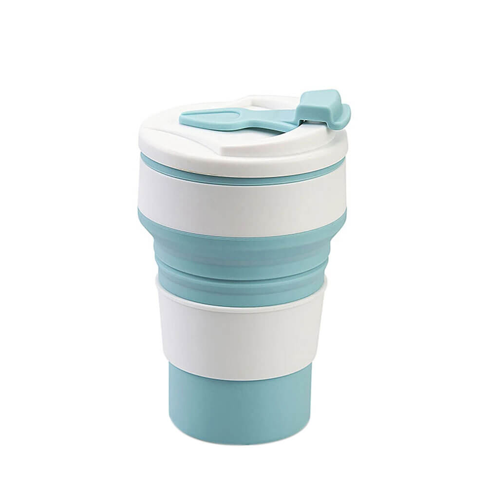 Light blue and white collapsible tumbler featuring a compact, foldable design with a secure lid, ideal for enjoying beverages on the go in a sleek, portable style.