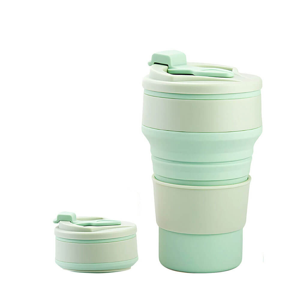 Mint green collapsible tumbler shown in two states: fully expanded for use and compactly folded for easy storage. Features a sleek design with a secure lid, making it leakproof and perfect for on-the-go convenience.