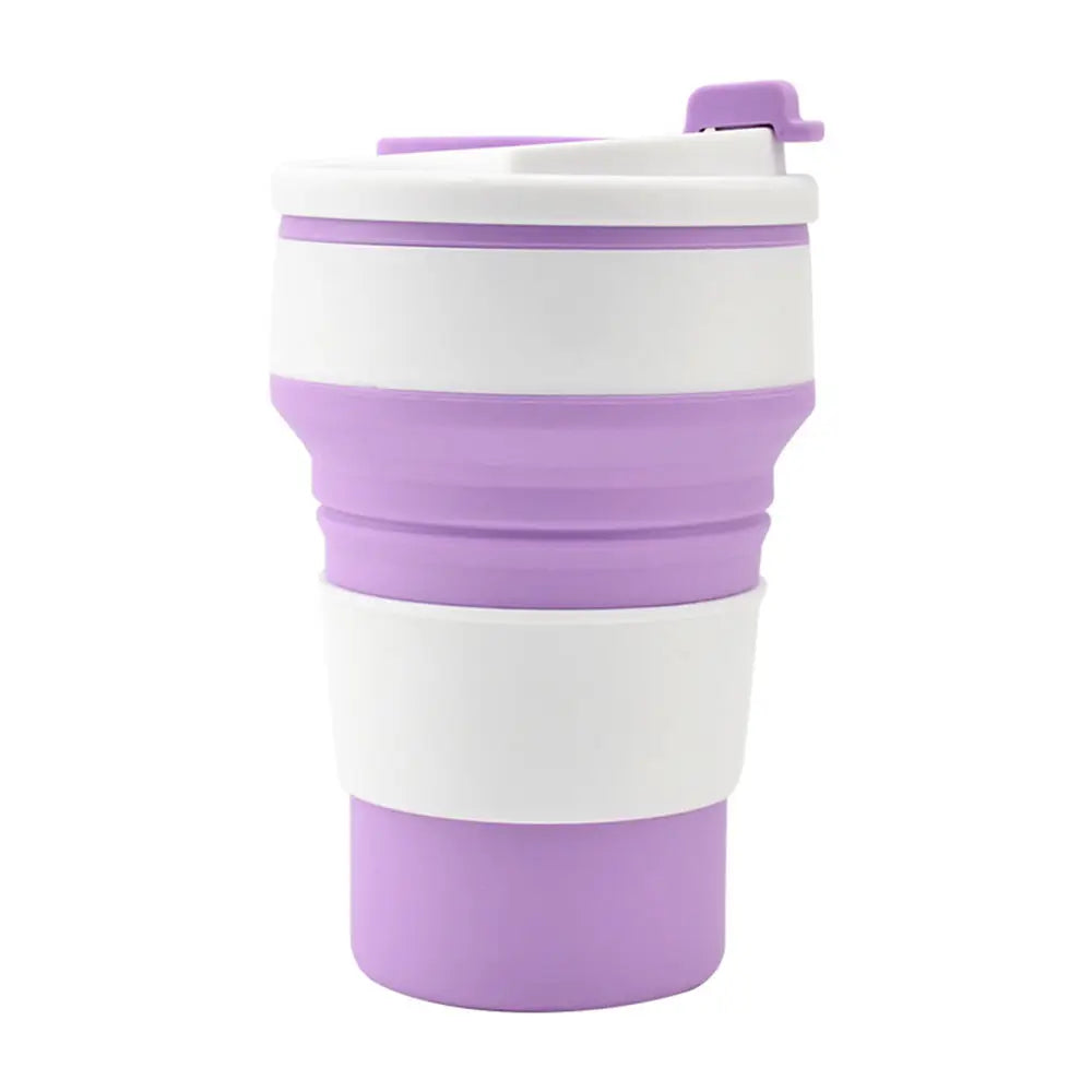 Collapsible tumbler with a folded design, lid, and grip band, shown in purple and white on a white background.