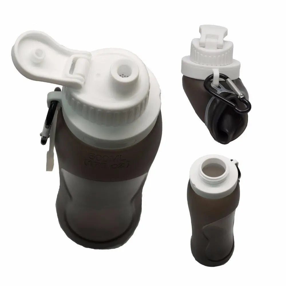 Black collapsible silicone water bottle with white cap and carabiner, shown open, folded, and upright to display versatile design.