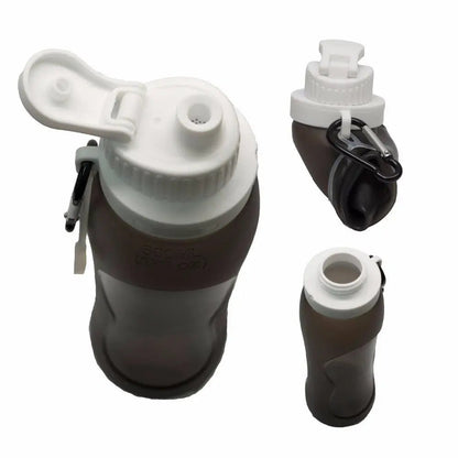 Black collapsible silicone water bottle with white cap and carabiner, shown open, folded, and upright to display versatile design.