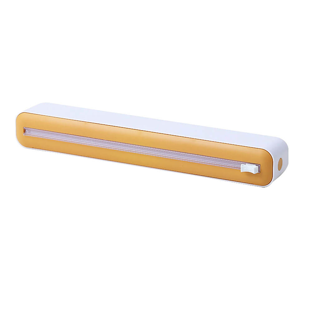 Commercial food wrap dispenser in white and yellow, designed for clean cutting and easy access to foil, film, or parchment rolls.









