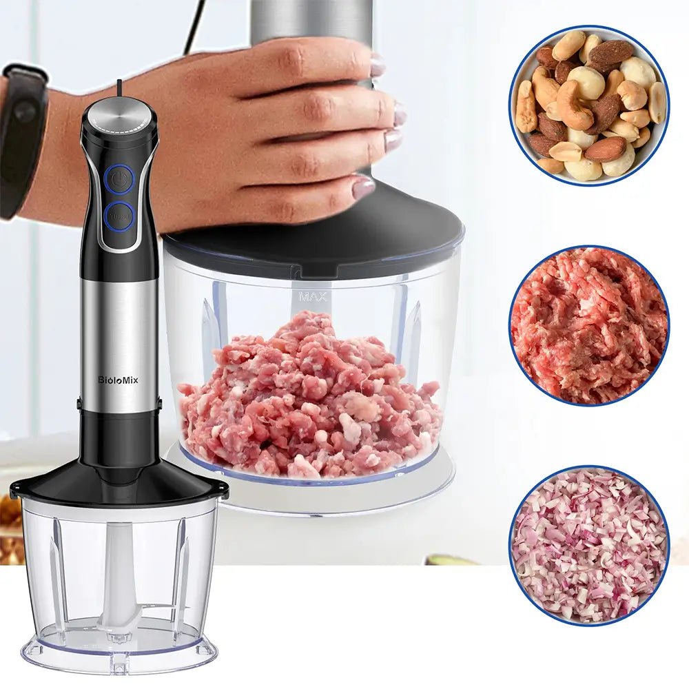 BioloMix commercial hand blender with chopper bowl shown mincing meat, chopping onions, and grinding nuts in kitchen.