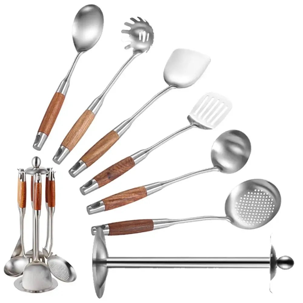 Stainless steel cooking utensils set with wooden handles, including ladle, spatula, slotted spoon, pasta server, and metal stand.