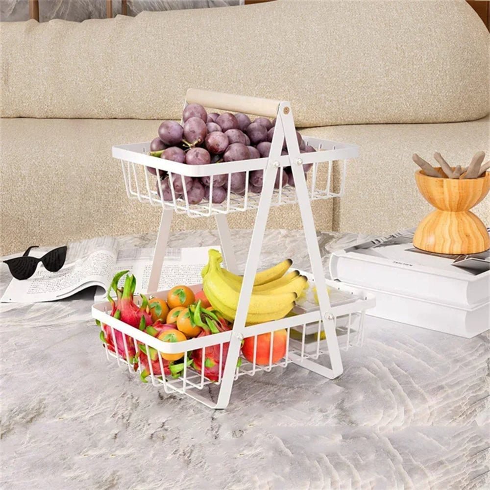 White 2-tier fruit basket from Costco, featuring a sleek design with sturdy metal construction and ample space for organizing and displaying fruits on your countertop.