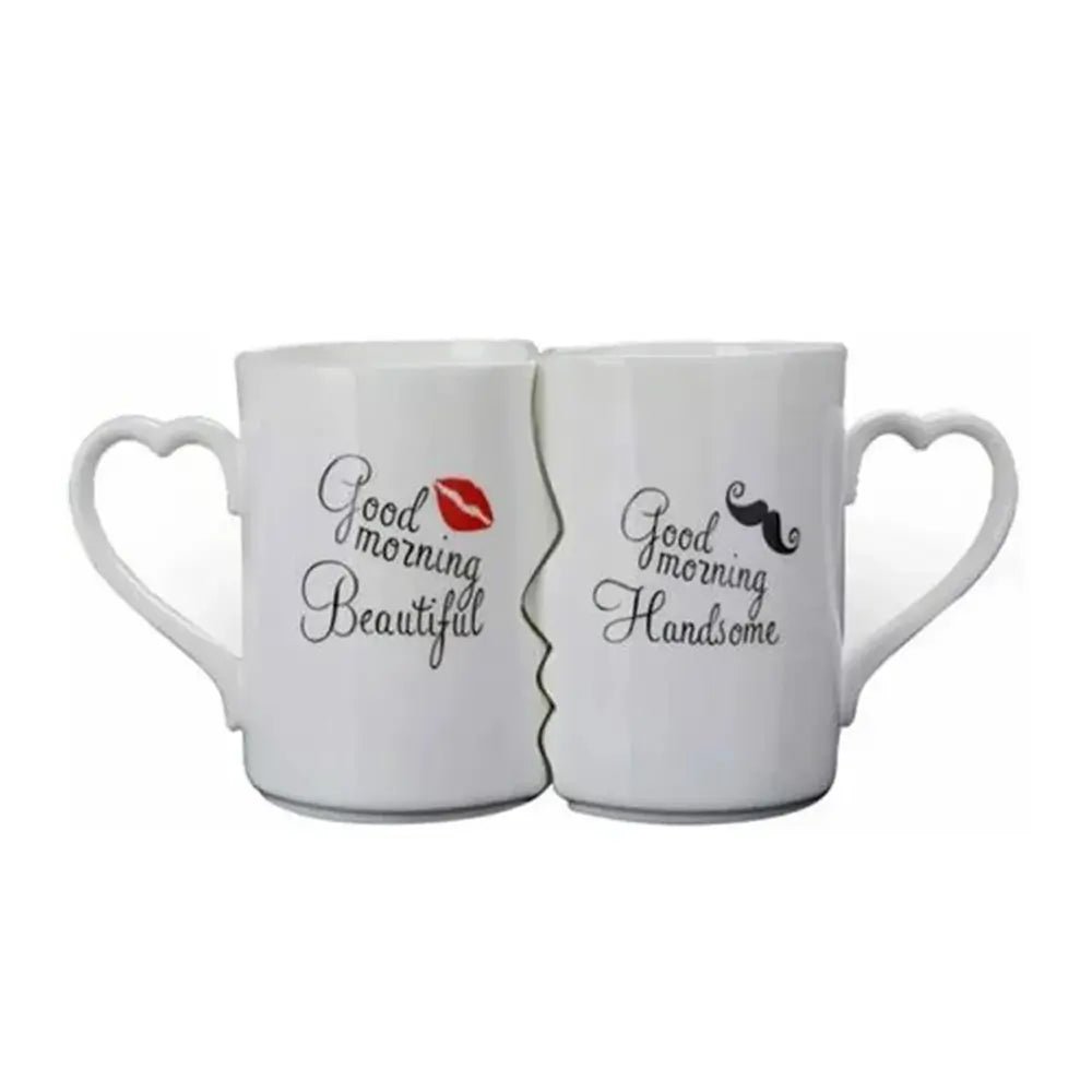 Couples mug set with heart handles, featuring Good Morning Beautiful and Good Morning Handsome design in white porcelain.