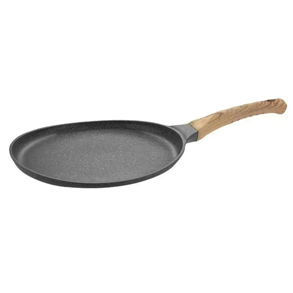 Black crepe pan with a flat base and a light brown wooden handle shown on a white background.