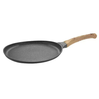 Black crepe pan with a flat base and a light brown wooden handle shown on a white background.
