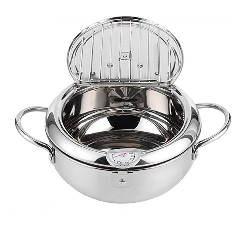 A stainless steel deep frying pot with a detachable lid and a thermometer in the center. The pot is equipped with two handles.