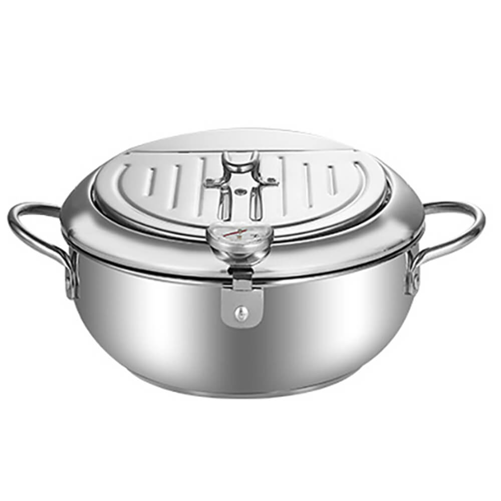 Closed deep frying pot made of stainless steel with side handles and built-in thermometer on a white background.