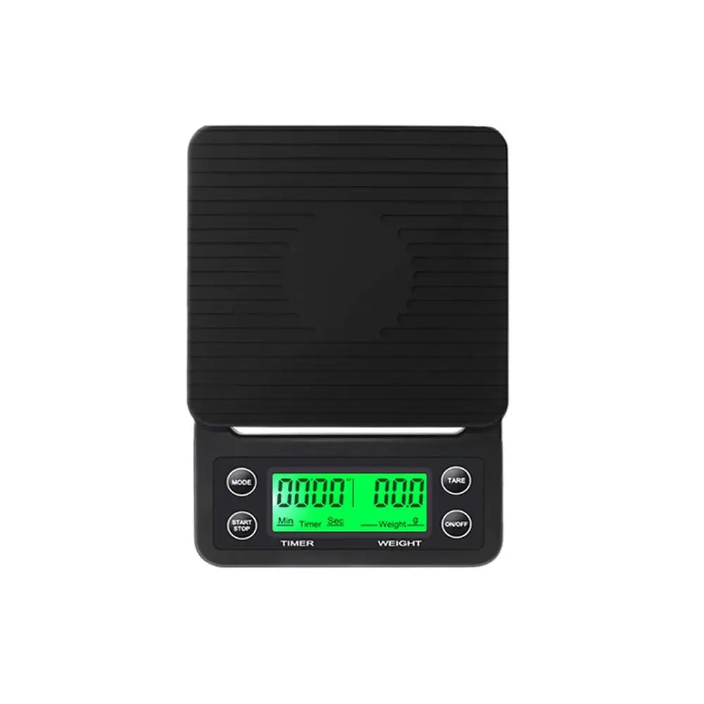 Black digital kitchen scale with a digital display on a white background.