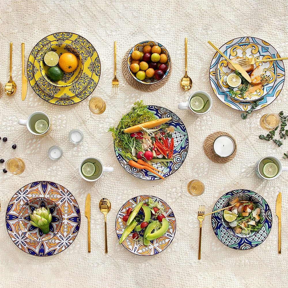 Dinner plates, salad plates, mugs, and cereal bowls are elegantly arranged on a dining table, showcasing the latest dinnerware sets deals.