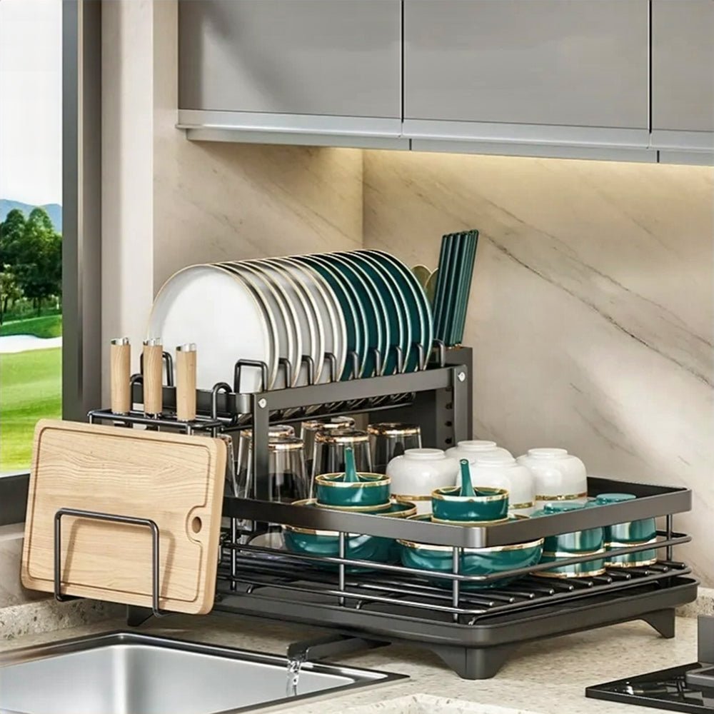 A dish dry rack with built-in drainage, holding plates, bowls, and utensils, ensuring quick and mess-free drying.