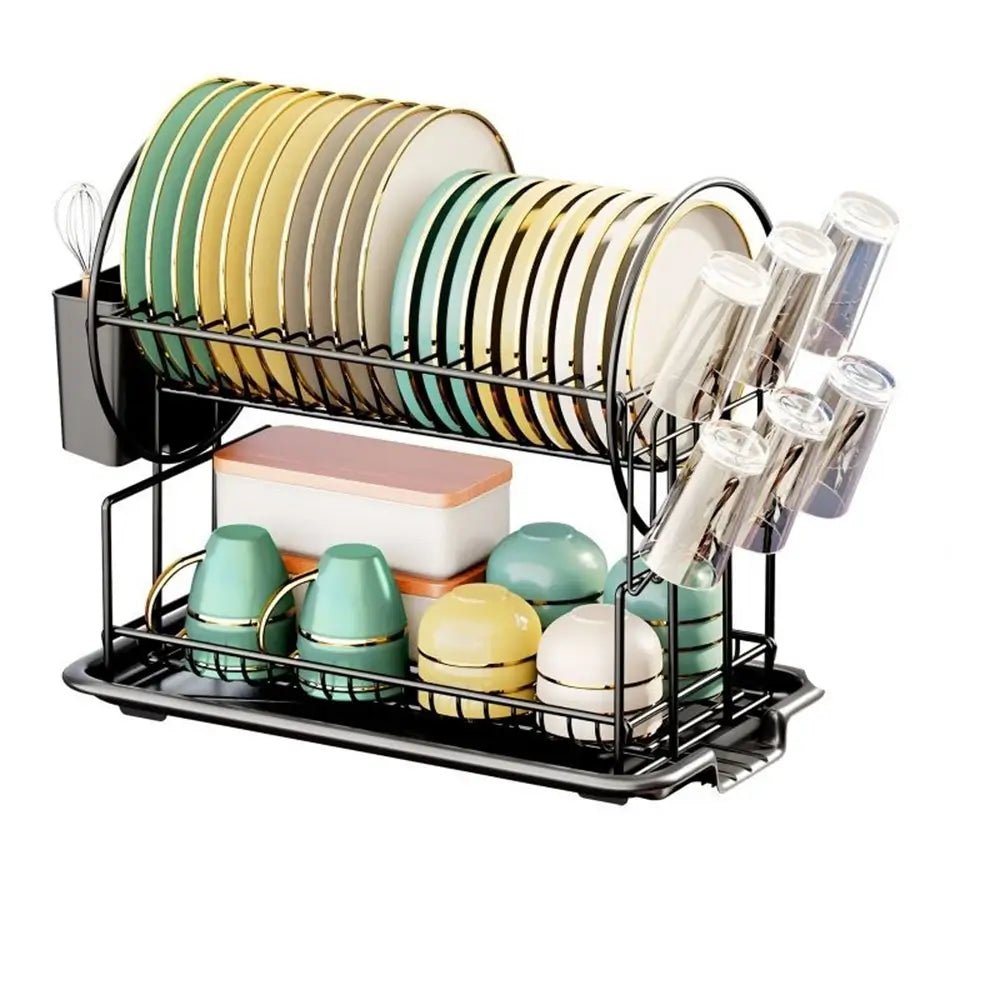 Dish drying rack with plates, cups, and bowls on a white background.