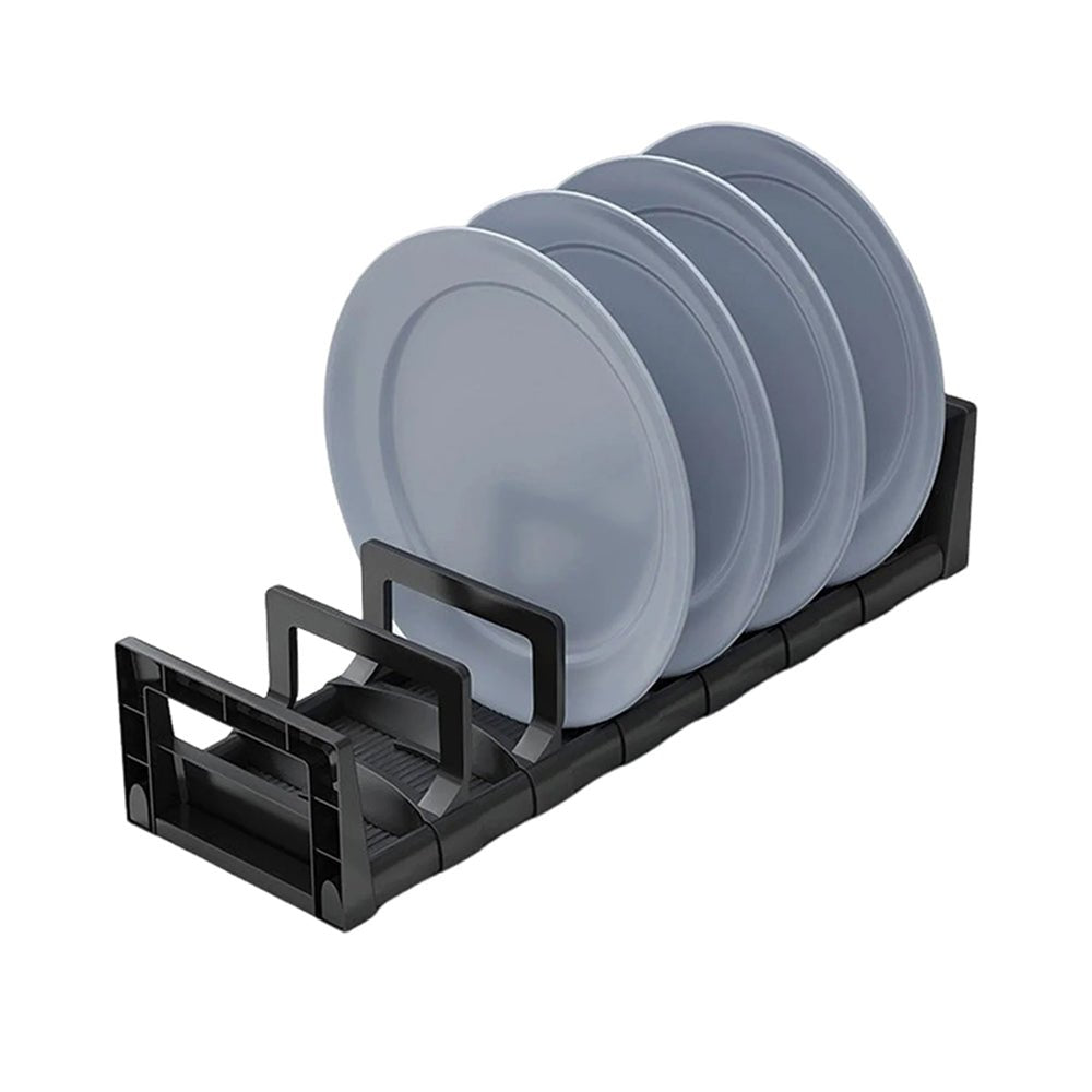 Black dish organizer holding dinner and salad plates, featuring adjustable dividers for a secure fit.