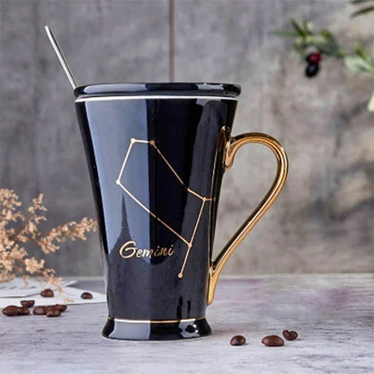 Elegant black Gemini zodiac mug with a golden handle, featuring a minimalist Gemini constellation design and refined lettering, ideal for Disney zodiac mug collectors and astrology fans.