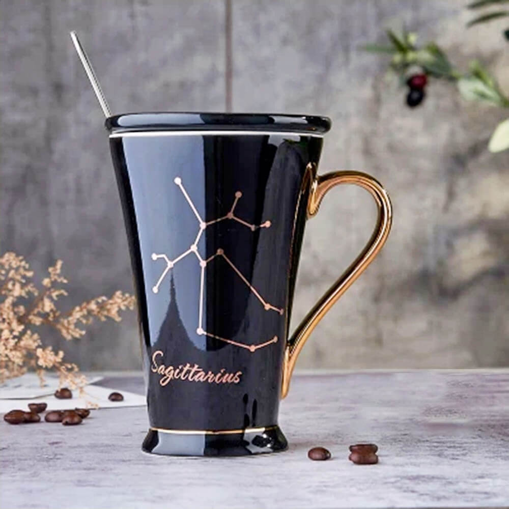 Elegant black Sagittarius zodiac mug with a golden handle, featuring a beautifully crafted Sagittarius constellation design and stylish script, perfect for Disney zodiac mugs collectors and astrology enthusiasts.