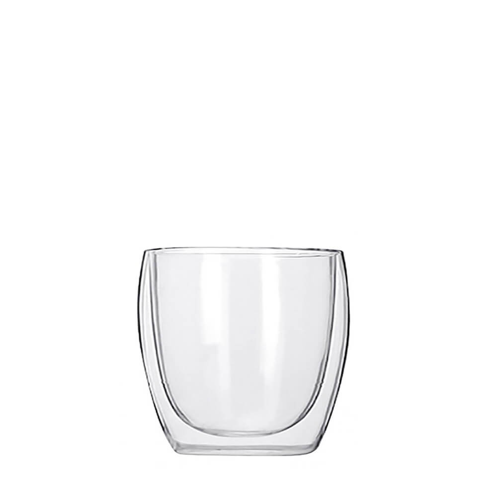 A clear double-wall espresso cup made of borosilicate glass is shown against a white background.