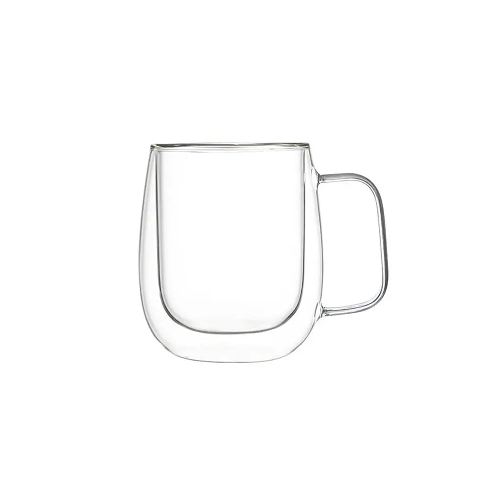 Double wall glass coffee mugs with handle on a white background.