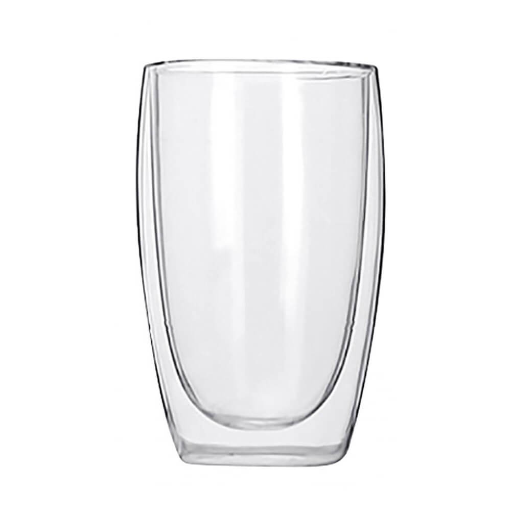 A clear double wall glass coffee tumbler made of borosilicate glass, designed with a sleek and insulated structure, is displayed against a white background.