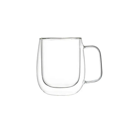 double-wall glass mugs with handle on a white background