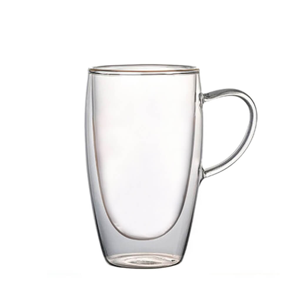 A clear double-wall glass tumbler with a handle, designed for insulation, is shown empty against a plain white background.