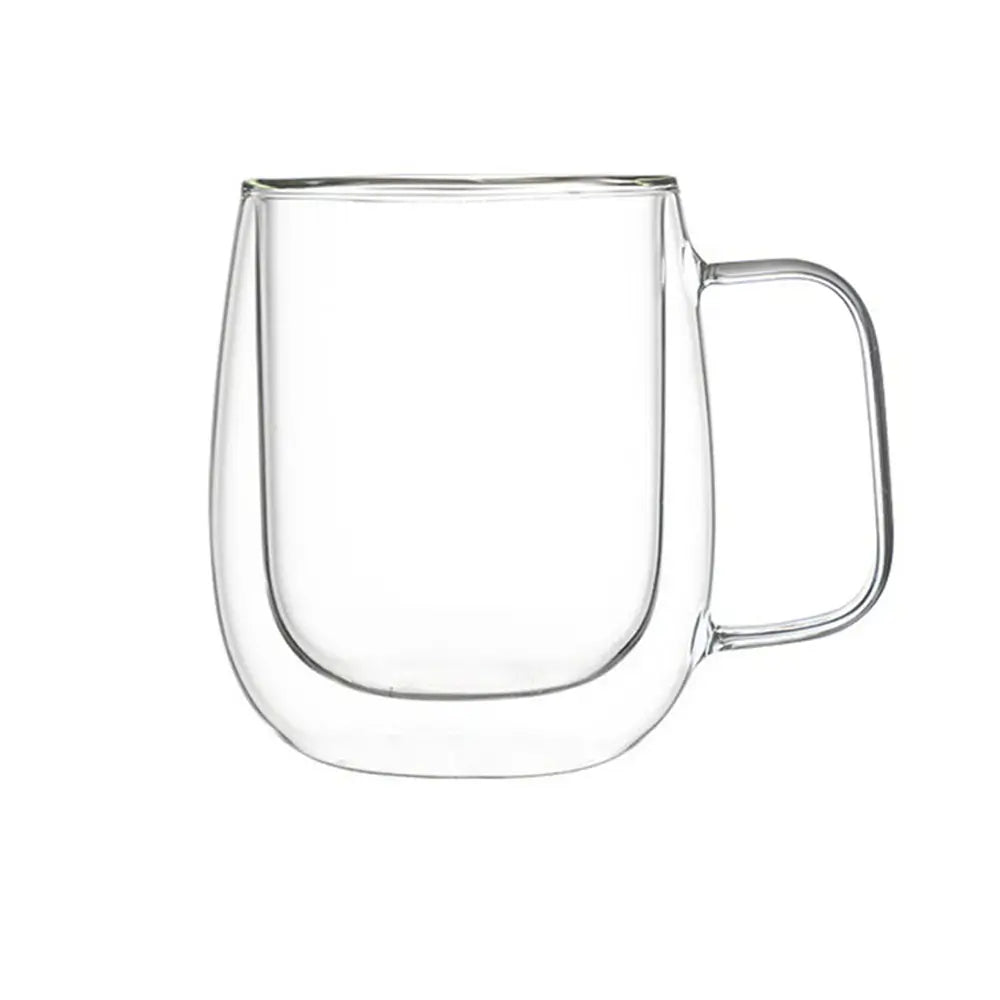 Double-wall glass tumbler with a handle on a white background.