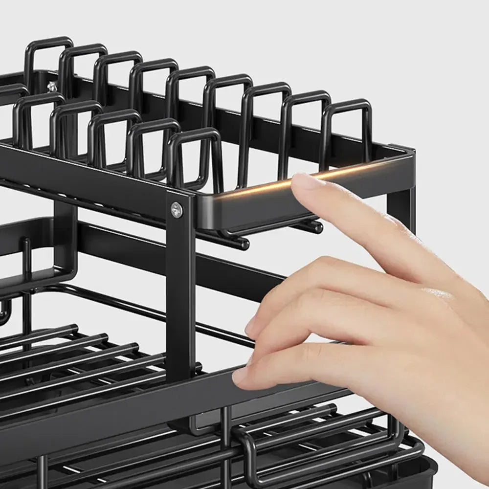 A drying dish rack designed to efficiently air-dry plates, bowls, and utensils, featuring a built-in drainage system.