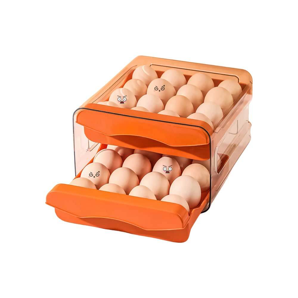 Orange egg storage container with two sliding drawers holding eggs neatly in rows for organized and space-saving fridge storage