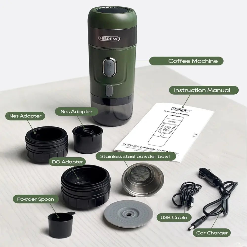Portable espresso maker with components and accessories on a white background