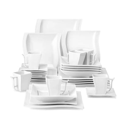 Complete white porcelain everyday dinnerware set with square plates, bowls, cups, and saucers, featuring subtle ribbed details.