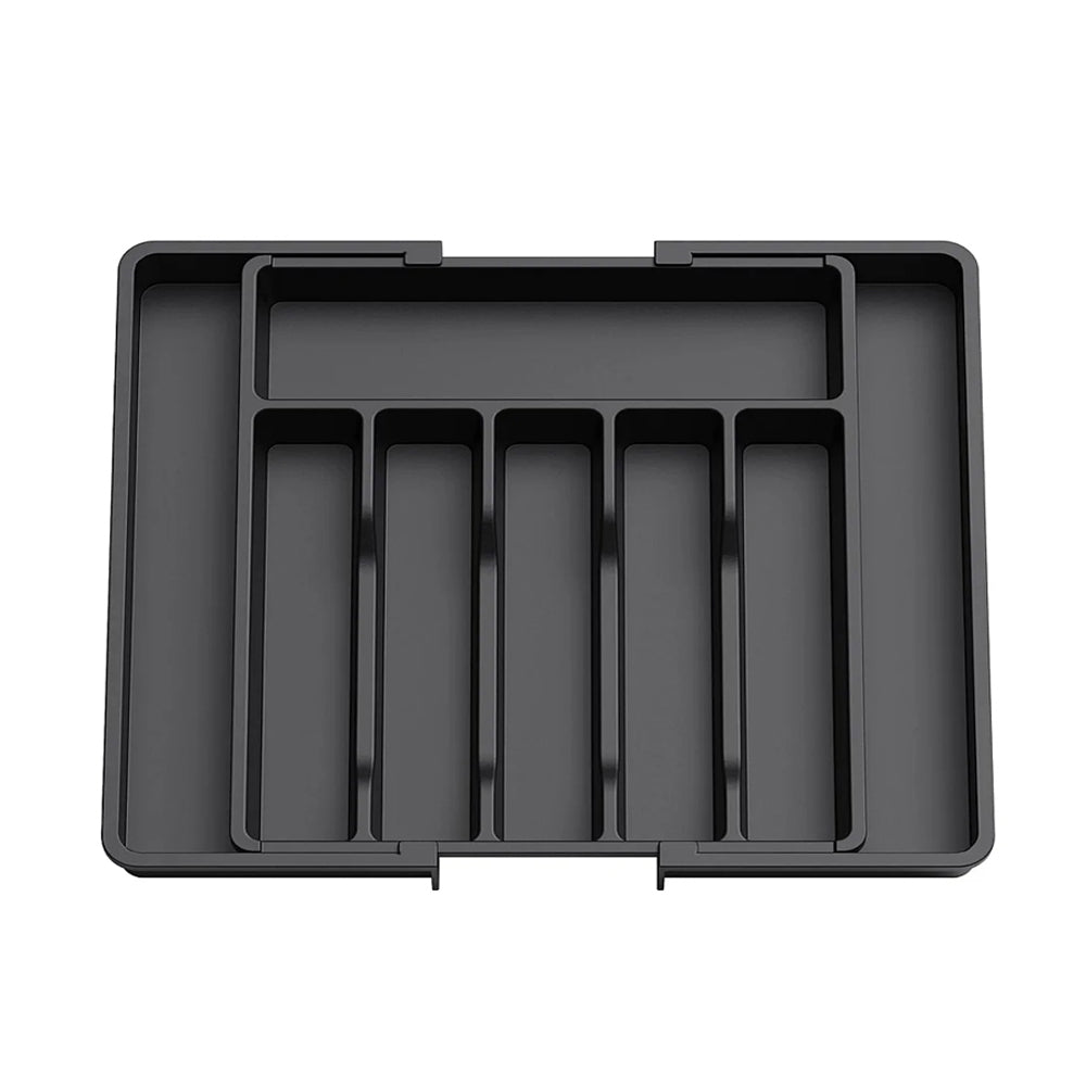 Expandable drawer organizer with adjustable sides, perfect for organizing utensils, tools, and office supplies.