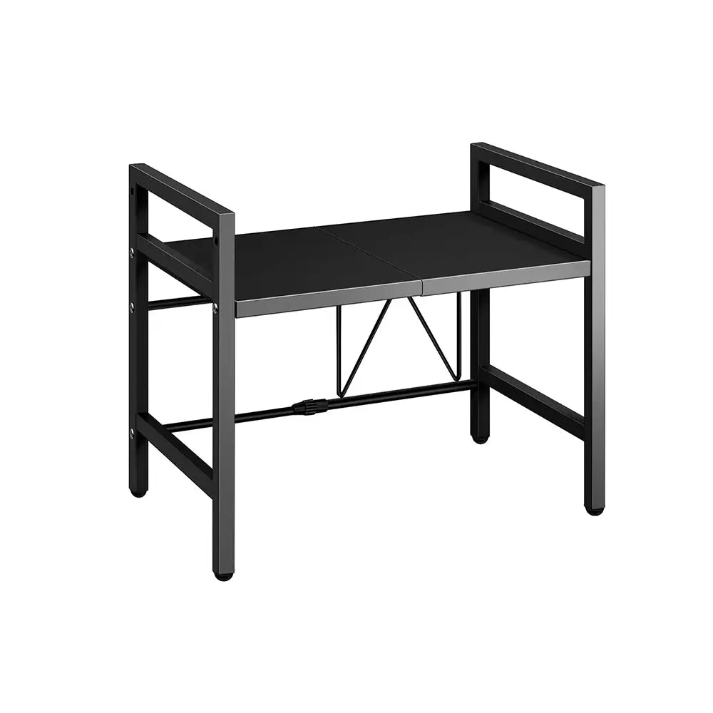 Black expandable microwave shelf with adjustable structure, shown empty on white background.