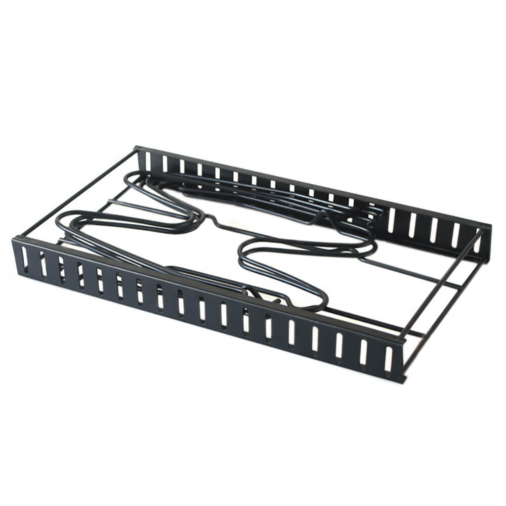 A black expandable pan organizer rack with a sturdy metal frame and an adjustable design. The rack features evenly spaced slots and a simple, open structure, allowing for efficient storage of pots, pans, and lids. Its compact and minimalist design makes it versatile for use on countertops or inside cabinets, offering both functionality and style for a well-organized kitchen.