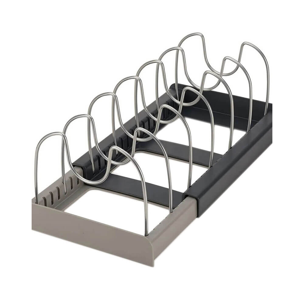 A sleek and adjustable expandable pot and pan organiser rack with sturdy metal dividers. The rack features a modern design, perfect for holding various cookware sizes securely while saving space in your kitchen.
