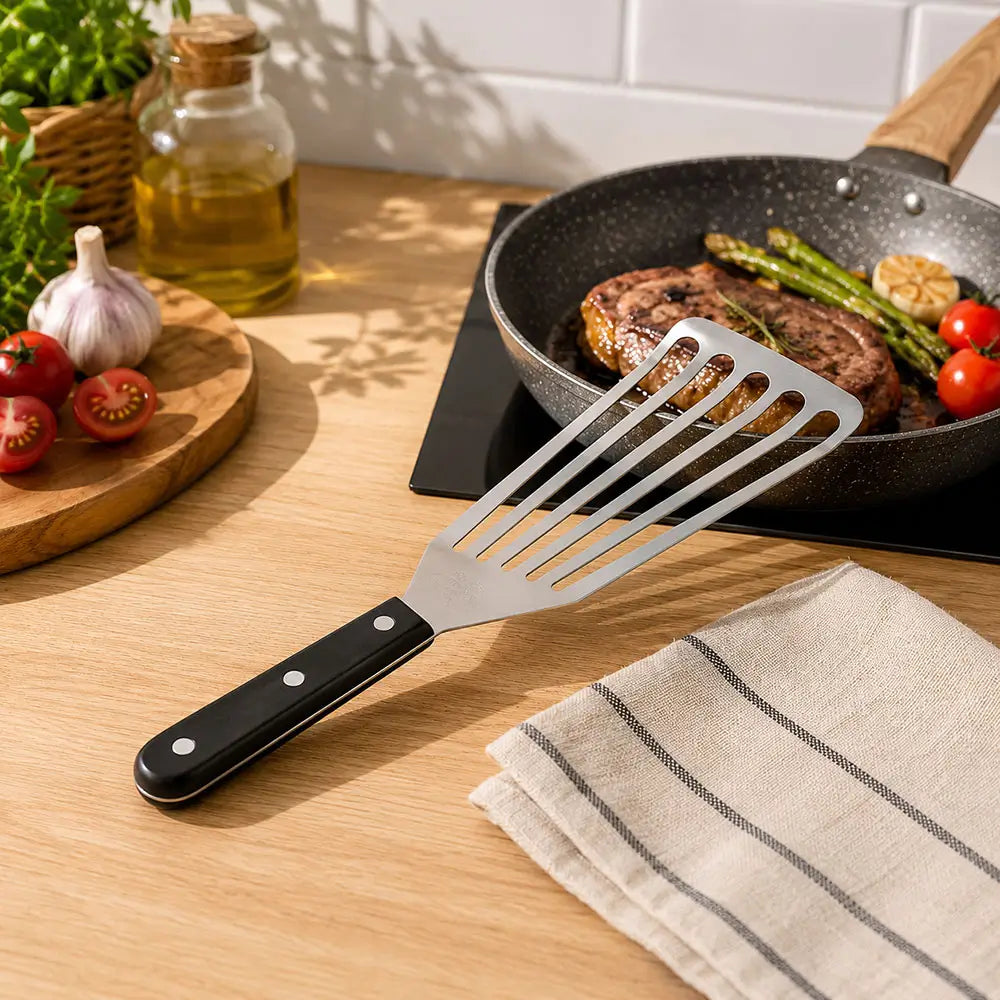 Fish turner spatula displayed on a kitchen countertop beside a frying pan with cooked food and cooking ingredients.