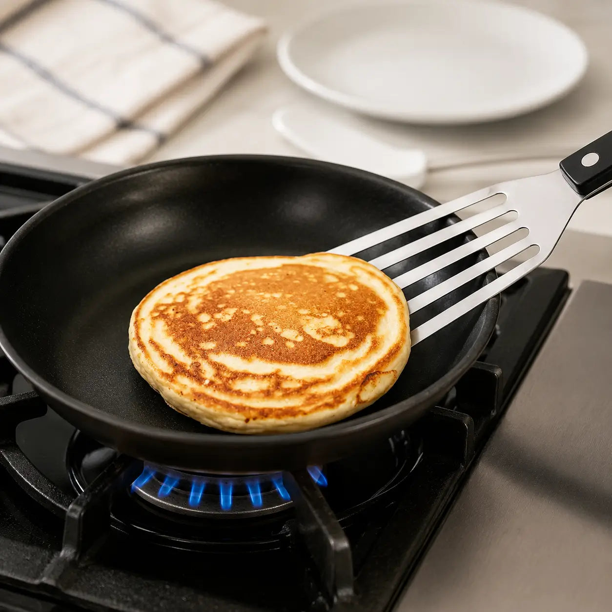 Fish turner lifting a pancake in a frying pan over a gas stove during cooking.