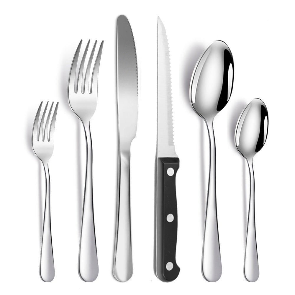 Flatware kitchen set featuring stainless steel dinner fork, salad fork, dinner knife, steak knife, soup spoon, and teaspoon.