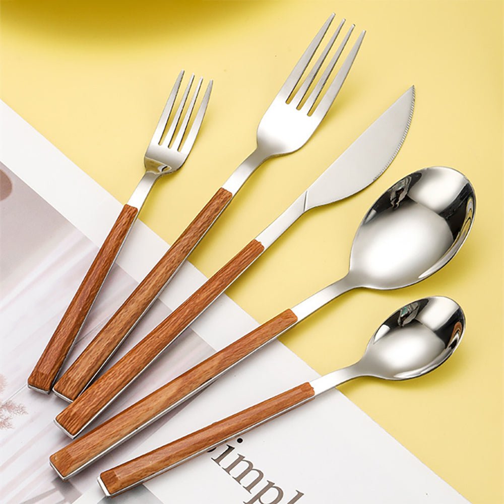 Flatware with wooden handles, set of 5. Includes fork, knife, spoon, dessert fork, and teaspoon, made from high-quality 18/10 stainless steel.