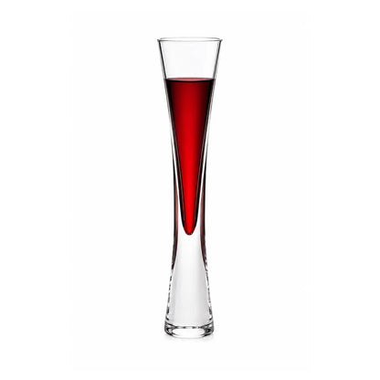 Flute glasses filled with red juice on a white background, showing the tall tapered bowl and heavy base from the front view.
