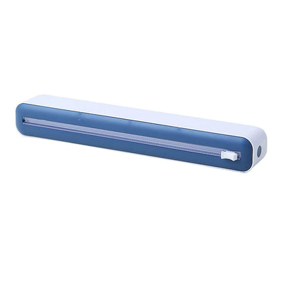 Blue and white food wrap dispenser with sliding cutter, ideal for neatly cutting and storing plastic wrap, foil, or parchment rolls.