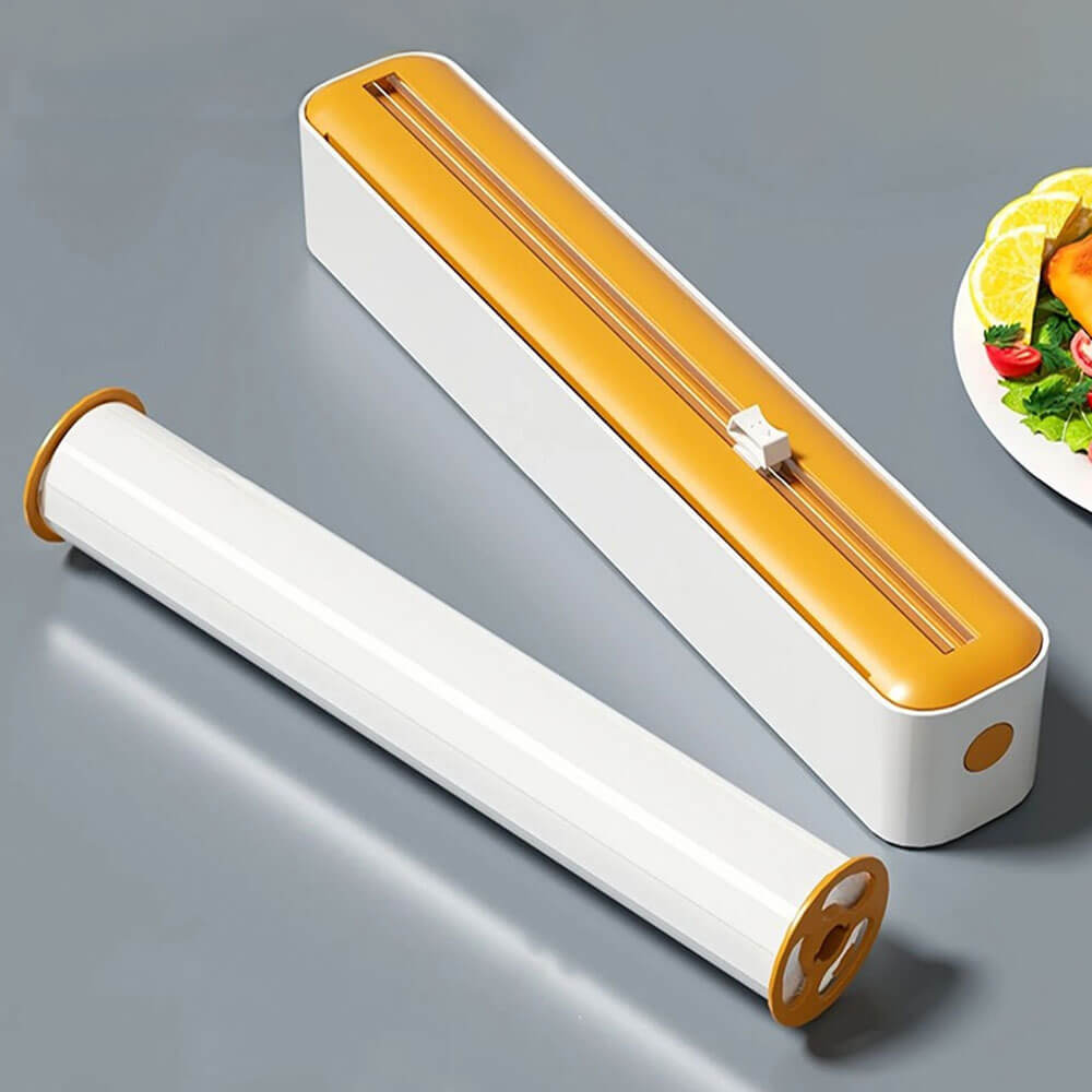 Food wrap film dispenser in yellow and white with a refill roll beside it, designed for clean slicing and neat kitchen wrap storage.