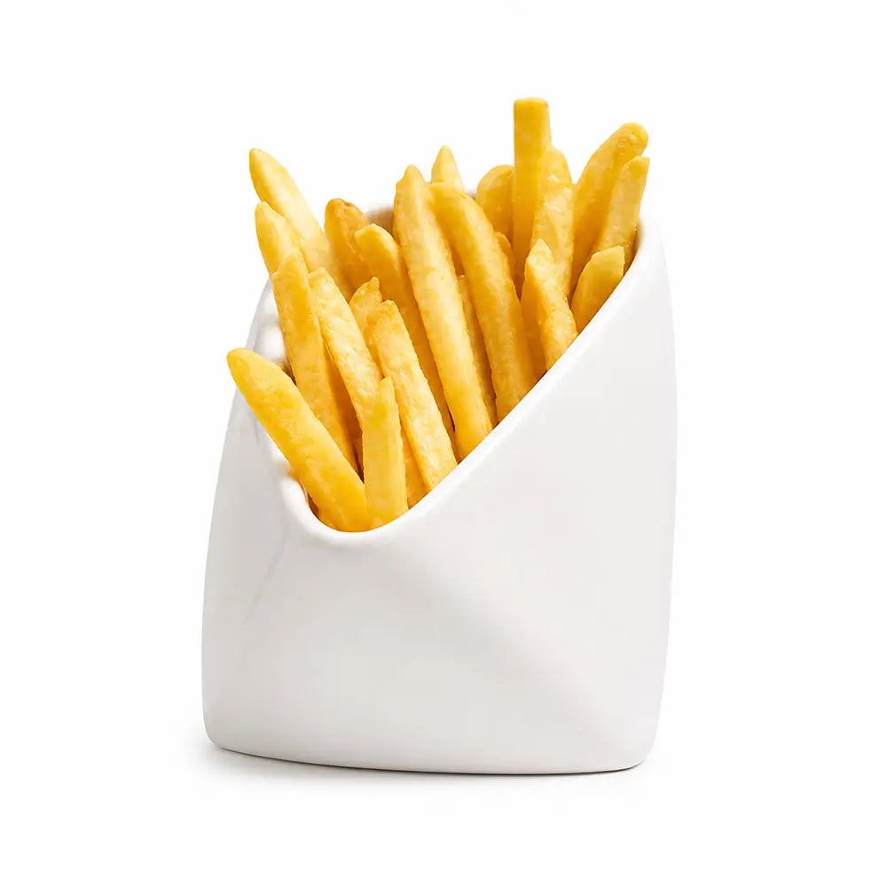 Golden french fries served in a modern white ceramic container on a clean white background.