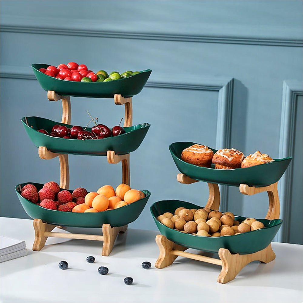 Two fruit bowl tiered designs: one 2-tier and one 3-tier, both filled with a colorful mix of fruits and snacks, perfect for organized and stylish food display.